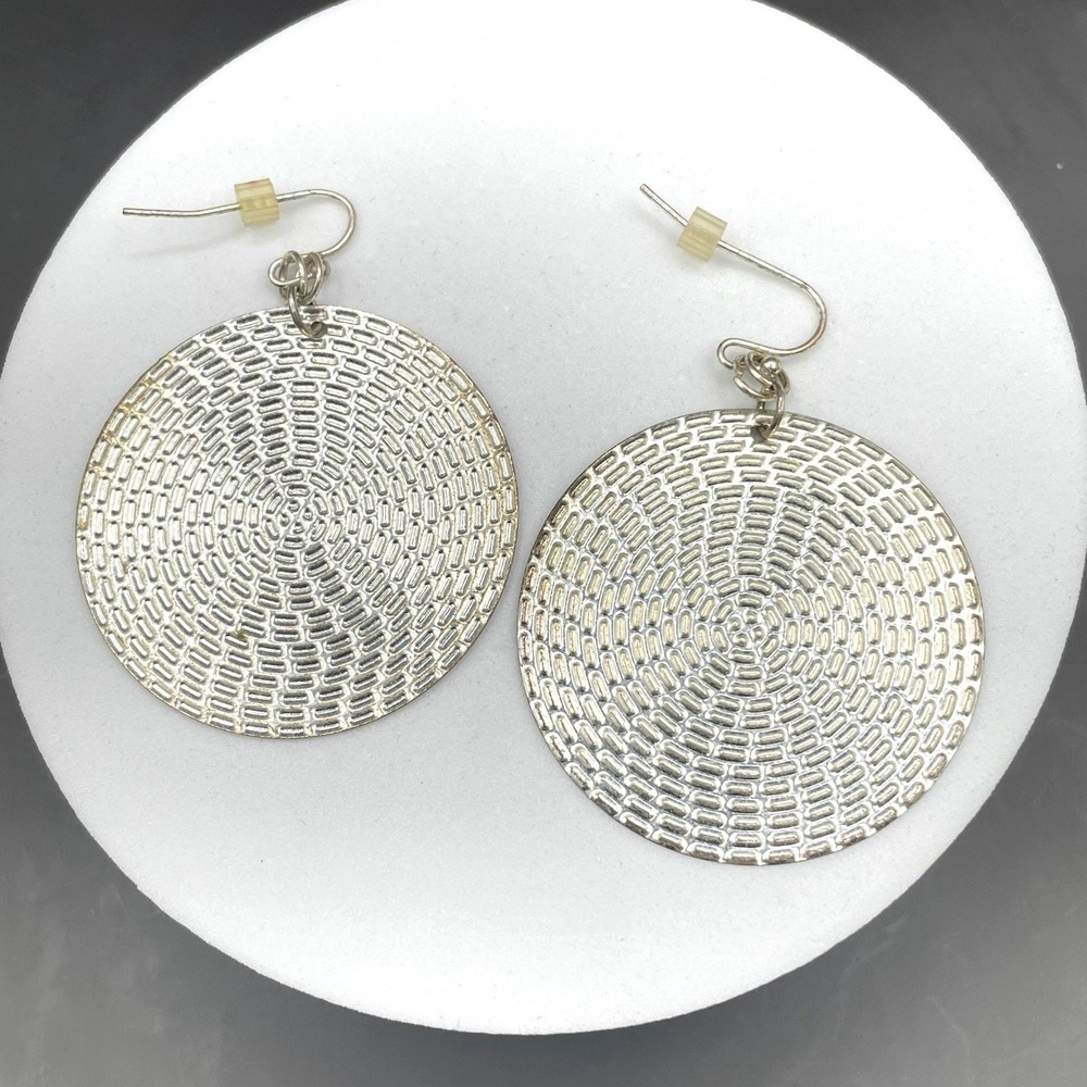 Vtg Hoop Earrings Textured Disc Dangle Modern Retro Style Chunky Statement 90s